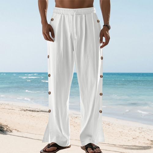 Men's Button Straight Yoga Pants Side Snap Tear Away Pants 2025 Casual Linen Drawstring Baggy Sweatpants with Pockets2