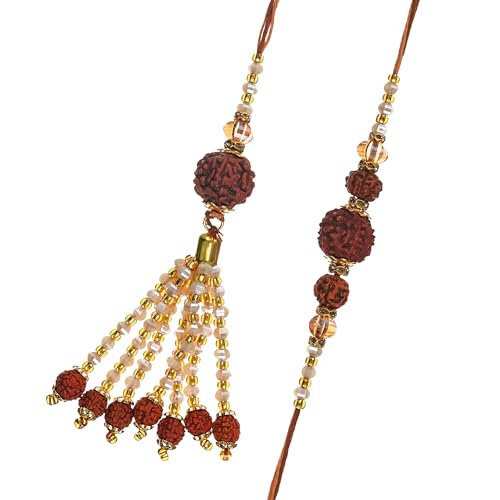Image of eCraftIndia Rudraksha Designer Bhaiya Bhabhi Rakhis with Best Bro Ever Fridge Magnet | Set of 2 Rakhi for Brother and Bhabhi | Lumba Rakhi | Roli Chawal Pack