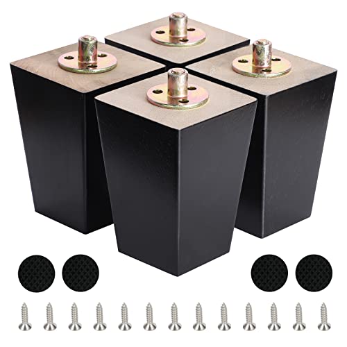 Vierkantige Möbelbeine aus Holz 4er-Set Modernes Sofa Couchbett Kaffeestuhl Schreibtisch Tischfüße Beine Nussbaum mit vorgebohrten 5/16 Zoll Bolzen & Schrauben & Gummipads (5' / 13cm, Schwarz)