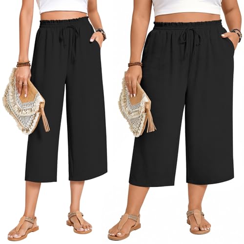 Image of Anyhold Women's Capri Pants Drawstring Casual Palazzo Trousers with Pockets Loose High Waisted Wide Leg Lounge Pants