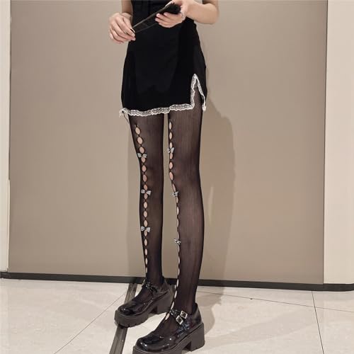 Image of SOLILOQUY Women's Lolita Pattern Tights Kawaii Velvet Bowtie Fishnet Stockings Leggings Mesh Pantyhose Hollow Out lace Socks