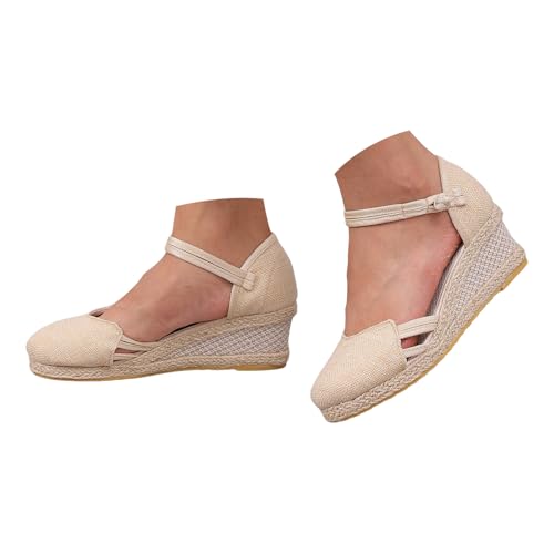 Genérico Mujer Sandalias Lino Color Sólido Transpirables Ligeras Punta Puntiaguda Tacones Cuña Recortados Sandalias Comodas Elegantes Antideslizantes Verano (Beige, 36)