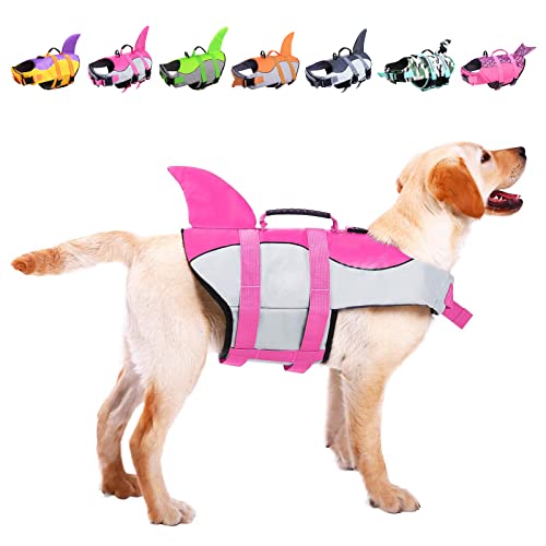 Asenku Dog Life Jacket Pet Life Safety Vest For Swimming Boating, Dog Shark Life Jackets Dog Lifesavers Swimsuits For Pool, Dog Water Floatation Vest For Small Medium Large Dogs, Shark Pink, X-Large #TOP3