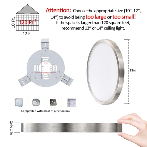 Image of 12 Inch Flush Mount LED Ceiling Light Fixture, Slim Dimmable Flush Mount Light for Kitchen, Metal and Glass Modern Ceiling Light for Low Ceiling, Bedroom, Laundry, Brushed Nickel, 22W, 3000K, 2 Pack