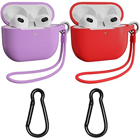 meiyasy AirPods 3 Case with Keychain, 2 Packs Full Protective Skin Cover,Silicone Hand Strap Accessories for Women Men Girl Apple 2021 Latest 3rd Generation (Light Purple Red) Case(3rd Generation) Cover