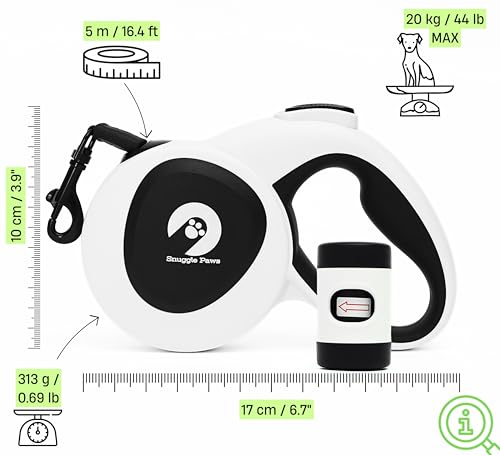 Snuggle Paws Ausziehbare Hundeleine 5m – Kompakt & Leicht: LED-Lampe, Integrierter Kotbeutelspender, Anti-Kau-Stahlseil, Reflektierendes Nylonband | Rollleine für kleine Hunde bis 20 kg