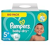 Pampers Baby Windeln Größe 5+ (12-17kg) Baby-Dry, Junior Plus, BIG PACK, bis zu 12 Stunden Rundum-Auslaufschutz, 56 Stück