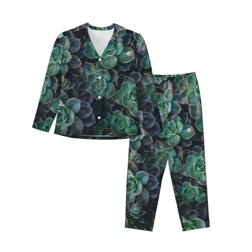 Pyjama à manches longues pour femme vêtement de nuit imprimé vert taille élastique confortable