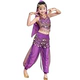 Belly Dance Costume for Girls, Arabian Princess Costume for Girls, Kids Genie Costume Halloween Carnival Cospaly Indian Bollywood Theme Party Set Belly Dancer Costume for Girls Purple 13-14 Years