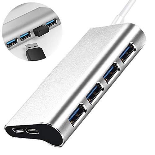 Powered USB Hub, 4 Ports Powered USB 3.0 Aluminum Data Hub, USB Splitter with 5V2A/5V/1A Power Adapter for Desktop PC/Laptop, Phones, and More (Grey Silver Rose) (Silver)
