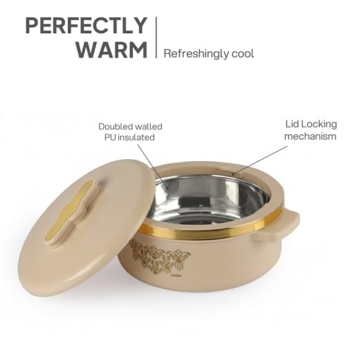 Image of CELLO Exotic 1000 Casserole Hot Pot Case for Daily Use 1000 ml, Cream | Double Wall PU Insulated Serving Hot & Warm Food Hot Pot Box | Stylish Airtight Kitchen Casserole Set for Roti Rice Biryani