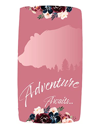 Image of Dear Baby Gear Deluxe Baby Crib Sheet - Cotton Polyester Infant Sheets - Soft Machine-Washable Crib Mattress Cover - Pink Bear Adventure Awaits - Navy Burgundy Watercolor Floral Print, 52x28x10