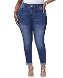 Gboomo Plus Size Skinny Jeans for Women High Waisted Distressed Rolled Hem Ankle Stretchy Jean Blue-
