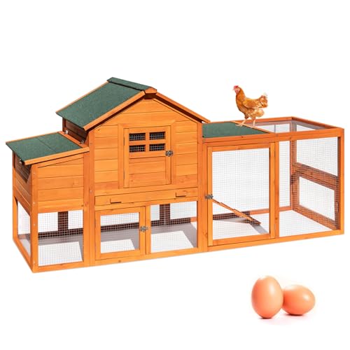 Large Wooden Chicken Coop for 4-6 Chickens, Secure Outdoor Hen House with Enclosed Run, Weather-Resistant Roof, Easy-Clean Slide-Out Tray & Nesting Boxes (Includes 2 Training Eggs)