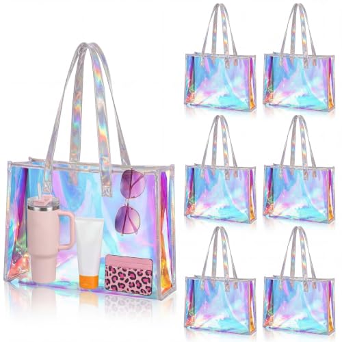 Aliceset 6 Pcs 6/12 Pcs Iridescent Tote Bags with Handle Bachelorette Favor 15x11x4.3 Bridesmaid Holographic Bag for Beach Travel (Iridescent)