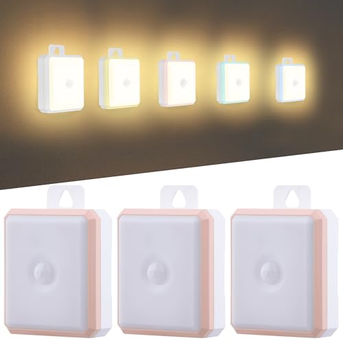 Image of Motion Sensor Night Light Indoor - Cordless Battery Powered Under Cabinet Lighting, Stick-on Magnet LED Closet Lights, Safe Light for Stairs, 4000K Nightlight 3-Pack (Pink)