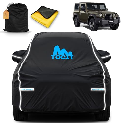 Image of Thar Waterproof Long Life Car Cover with Safety Glow Reflective Strap, Premium Velvet Velour Fabric, Soft & Stretchable, Machine Washable, Tri-Stitch Custom Fit with Mirror Pocket