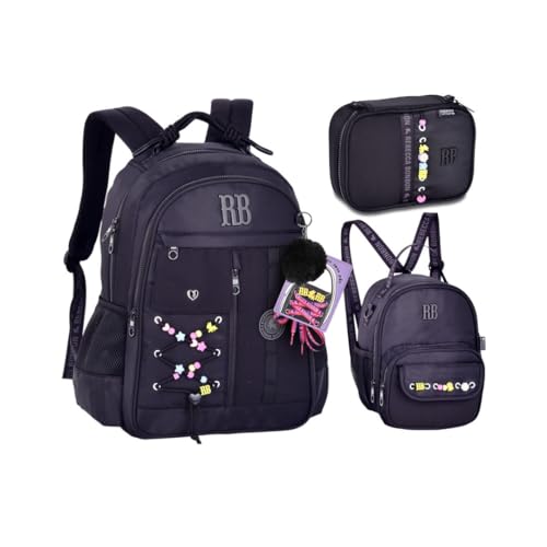 Kit Mochila Lancheira e Estojo Rebecca Bonbon Beaded Fun Com Cadarço RB27424 (Preto)