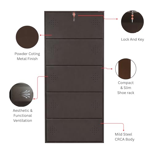 Image of 5 Door Wall Mounted Metal Shoe Rack Cabinet with Lock | Space Saving Shoe Storage Cabinet | Dustproof & Ventilated Shoe Organizer for Home, Entryway, Bedroom & Balcony | Brown | 63 x 26 x 6 Inch