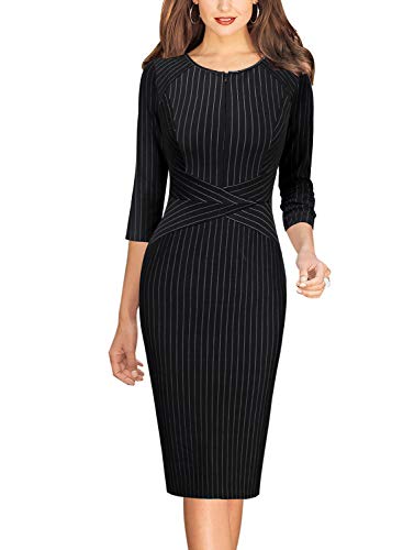 Vfshow E671S Womens Black And White Striped Spring Fall Slim Zipper Up Work Business Office Party Bodycon Pencil Sheath Dress 7121 Blk L thumb #1