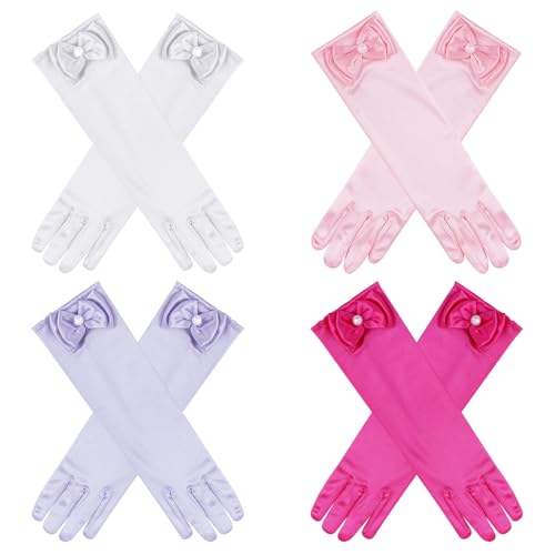 Yolyoo 4 Pairs Satin Princess Gloves for Girls Pearl Long Stain Gloves for Halloween Dress Up Wedding Birthday and Tea Party