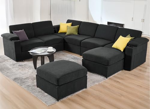 Modular Sectional Sofa Couch for Living Room Velvet Cloud Couches Oversized U Shaped Sectional Couch Convertible Sleeper Sofa Chaise Padded Armrests Cup Holder (Grey, 8 Seats)