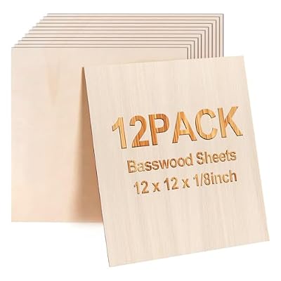Basswood Sheets 12"x12"x1/8" 3mm 12 Packs Basswood Plywood Board Unfinished Wood Craft Wood for Wood Burning DIY Ornaments Models Drawing Painting Engraving Architectural Models Making