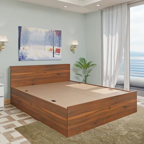 Image of VIKI Vault Queen Size Bed with Storage (78x60) | Engineered Wood Wooden Bed Frame for Bedroom | Modern Box Storage Cot | Brussel Walnut Finish | Free Assembly | 1 Year Warranty
