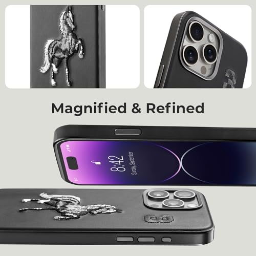 Image of PULOKA - Mobile Cover for iPhone 15 PRO MAX - Horse Embroidery - Sleek & Stylish - Protective & Anti Scratch Phone Cover Vegan Leather Back Case - Men & Women- Santa Barbara Polo (Black)