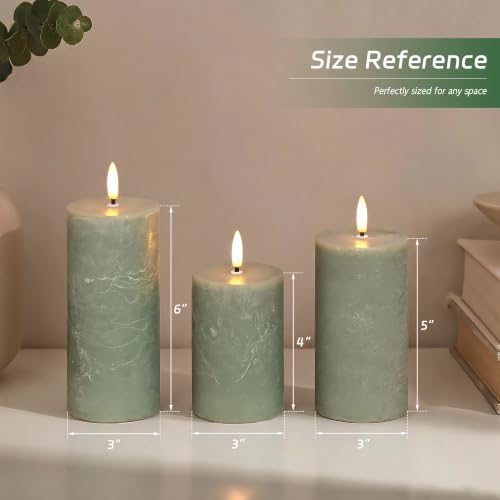 Image of Olive Green Flameless Pillar Candles, Real Wax LED Candles with Remote & Timer, Battery Operated Decorative Candles for Aesthetic Home Decor, Set of 3