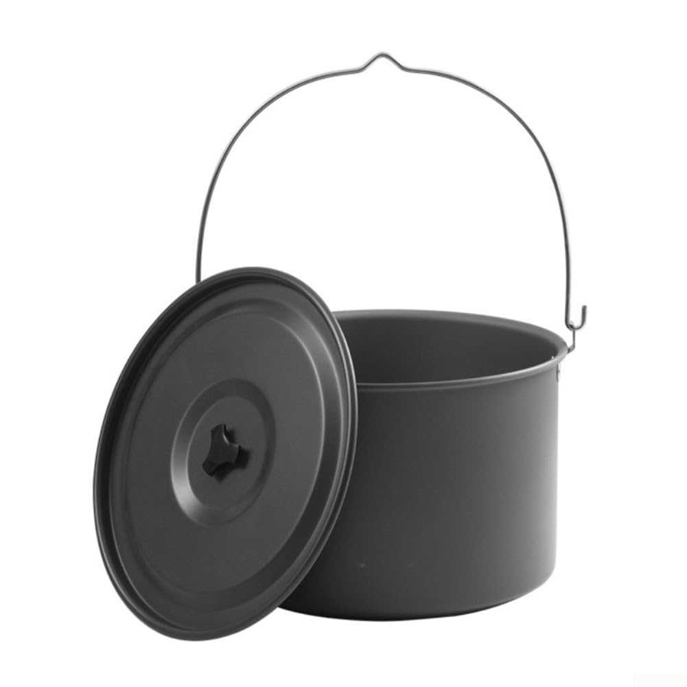 Olla colgante de camping de 15 L con tapa y vaporizador, juego de utensilios de cocina de aleación de aluminio anodizado duro con tabla de cortar, mango resistente al calor para picnic al aire libre