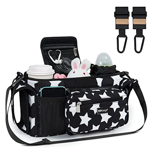 Image of TOPDesign Universal Baby Stroller Organizer, Stroller Caddy with Heightened Insulated Cup Holders & Non-Slip Secure Hooks Accessories, Fits Most Strollers, Machine Washable (Pentagram)