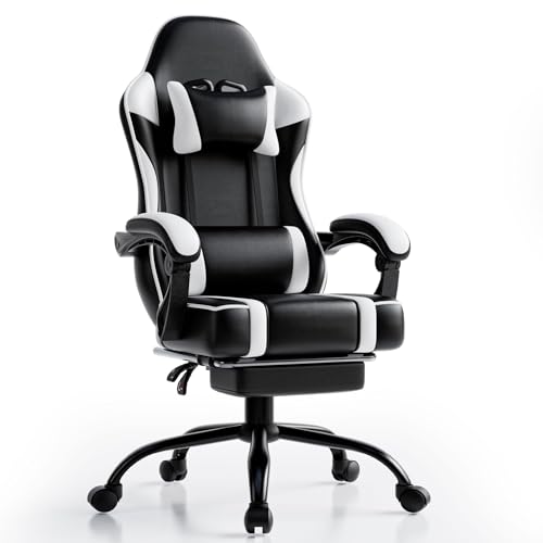 Sedia Gaming Ergonomica, Poltrona Gaming con Schienale Regolabile, Sedia da Gamer con Poggiatesta e Supporto Lombare, Sedia Gamer in Pelle Sedia Gaming con Poggiapiedi (Cuscino piatto, Bianco)