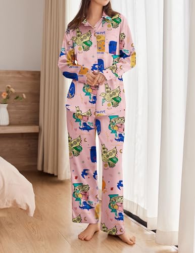 Ekouaer Womens Satin Silky Pajama Set 2 Piece Print PJs Soft Loungewear Button Down Sleepwear with Elastic Waist Long Pants