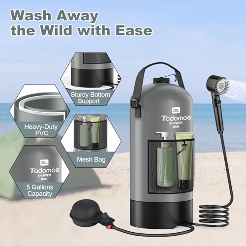Image of Portable Shower for Camping, 5 Gal /20 L Solar Heating Camping Shower Bag with Shower Pump, Portable Shower Head, Essential for Camping,Festivals, Overlanding, Beach Trips