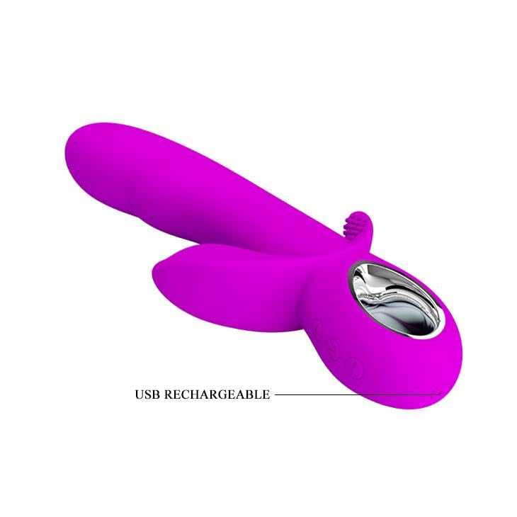 VIBRATORE VAGINALE IN SILICONE VIOLA CON DOPPIO STIMOLATORE CLITORIDE ANALE E ANELLO CROMATO RICARICABILE USB