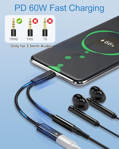 2 in 1 USB C to Headphone Jack and Type C Adapter, 3.5mm Audio and Charger Splitter with 60W PD Fast Charging, Plug and Play, USB C to AUX Splitter for iPhone 15/16, Galaxy S24, Pixel, iPad Pro