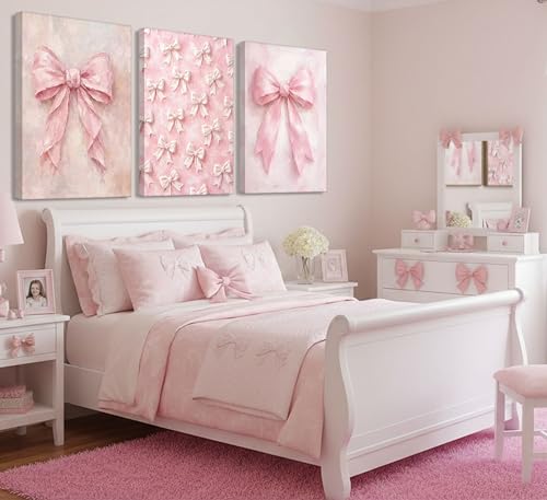 Image of 3Pcs Pink Bow Canvas Wall Art Vintage Trendy Cute Preppy Watercolor Bow Painting Pictures Wall Decor Posters Prints Girly Aesthetic for College Apartment Bedroom Decoration