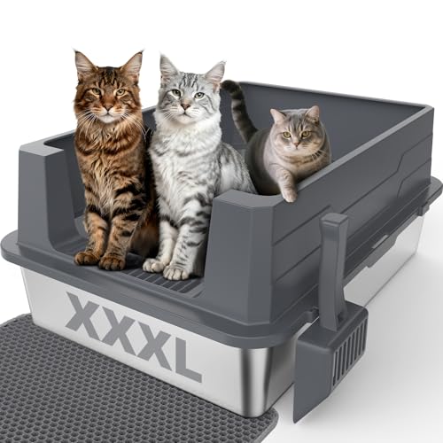 Stainless Steel Litter Box Extra Large for Big Cats Multi-Cats Jumbo Extra Large Metal Cat Litter Box with High Sided Lid Anti-Urine Leakage Non-Stick Include Litter Scoop