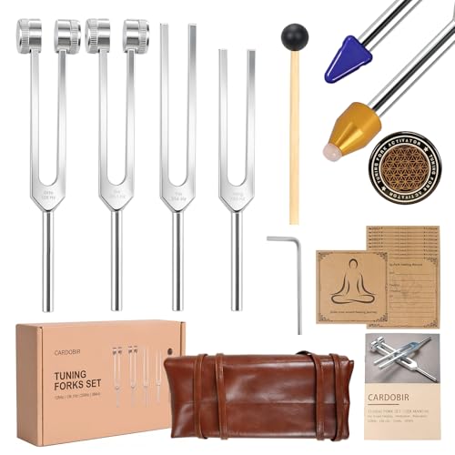 CARDOBIR Tuning Forks for Sound Healing Set – 128Hz, 136.1Hz, 256Hz & 384Hz Aluminum Alloy Therapy Tools with Activator for Meditation & Yoga in Travel Pouch (4)