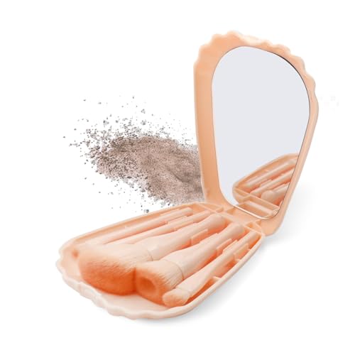 Image of Gleva Travel Size Mini Makeup Brushes Set with Mirror Small Complete Function Cosmetic 5 Pcs Brushes Kit Case Apply to Face Foundation Powder Concealers Eyebrow Eyeshadow (Pink (Shell Shape))