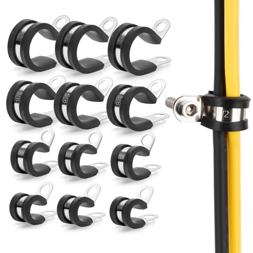 Image of 12 Pack Stainless Steel Cable Clamps - 3 /8 inch, 1 /2 inch, 5 /8 inch, 3 /4 inch Rubber Coated Insulated Wire Clamps, Pipe Clamp for Pipe Hose Household Garden Automotive Wire Cord Installation