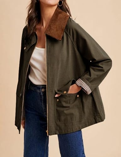 SCUSTY Women's Oversized Utility Shacket Corduroy Collared Chore Jacket Zip Up Casual Fall Winter Coat Outwear with Pockets2