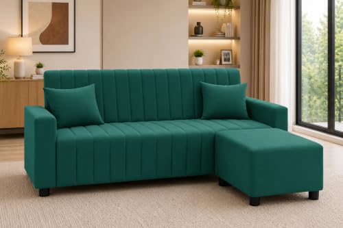 Image of Rosebell Three Seater Sofa Set with Ottoman | Living Room Couch | with Printed Cushions | Sofa for Home, Apartment & Office-Green Color