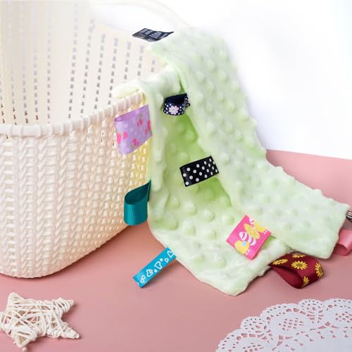 Image of HECCEI Green Baby Security Blanket with Colorful Satin Tags, Infant Appease Blankets Toy, Taggies Blanktes - 10 x 10 inches Square Blanket for 3+ Months Babies Boys /Girls