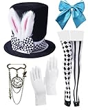 White Rabbit Costume Bunny Ears Top Hat Bow Tie White Gloves Striped and Plaid Stockings Rabbit Pin Set for Easter Halloween Dress Up Costume Accessories