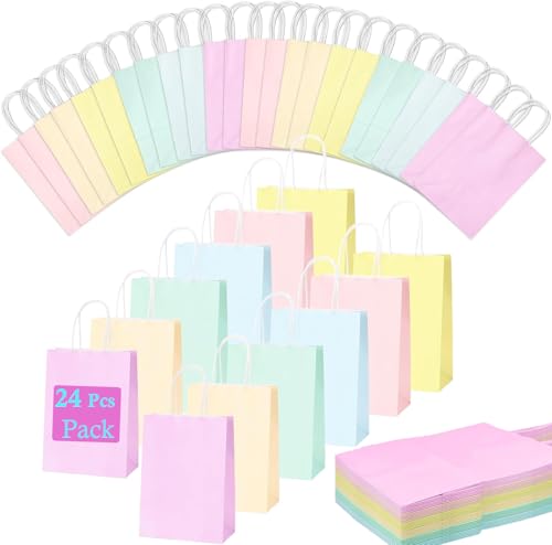CLOUDFOUR Gift Bags Party Bags 24 pcs Pastel Color Kraft Paper Bags 22x16x8 cm Small Goodie Bags for Sweets Candy & Gift for Kids Birthday Wedding Party Supplies Multi Color Party Favor Bags
