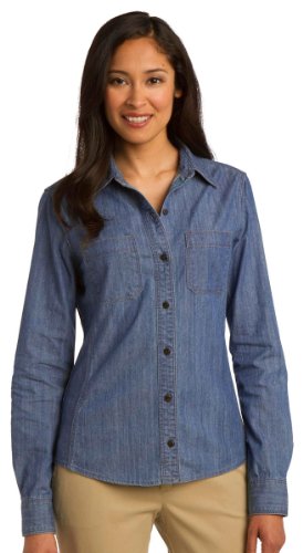Port Authority Women's Open Collar Patch Pockets Denim Shirt_Lt Indigo_Small