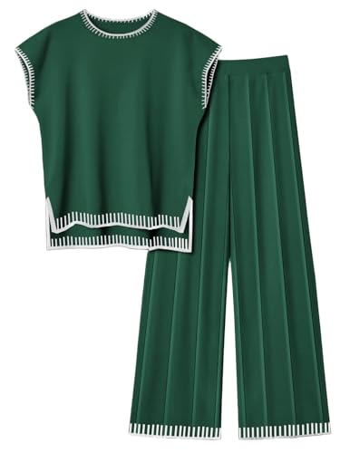 Image of Ekouaer Womens Matching Sets Knit Sweater Sets 2 Pieces Lounge Set | Pullover Tops Wide Legs Pants Casual Outfits