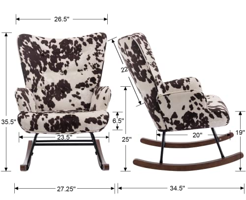 Ealson Nursery Rocking Chair Fabric Upholstered Rocker Chair Tufted Wingback Accent Chair With Wooden Base Modern Comfy Lounge Armchair For Bedroom Living Room, Cow #TOP1